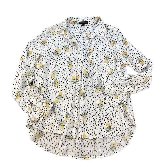 Velvet Heart Pineapple Print Roll Tab Sleeve Rayon Blouse, Medium - Picture 1 of 8